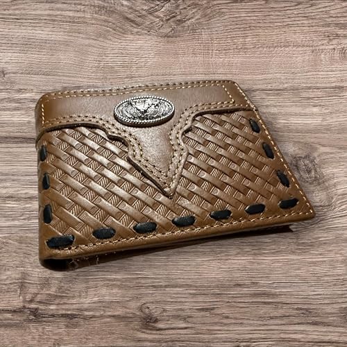 Leather Wallet Basketwave Cowboy Rooster Gallo Concho Bi Fold High End Smooth Leather Mens Wallet