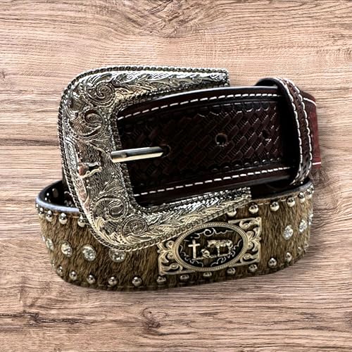 Leather Cowboy Belts For Men Cowboy Praying at Cross Concho Cow Hair