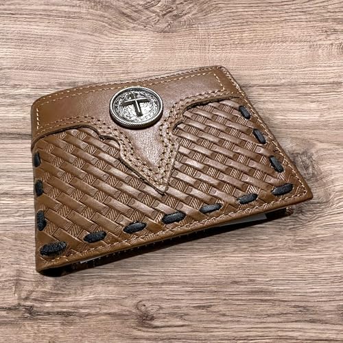 Mens Leather Wallet Basketweave Cowboy Cross Concho Stitched Inlay