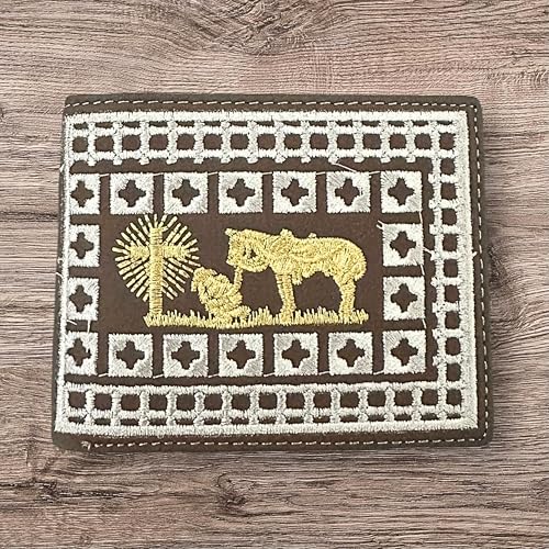 Western Stakes Rodeo Cowboy Bi-Fold Leather Wallet with Gold Cowboy Praying at Cross Design