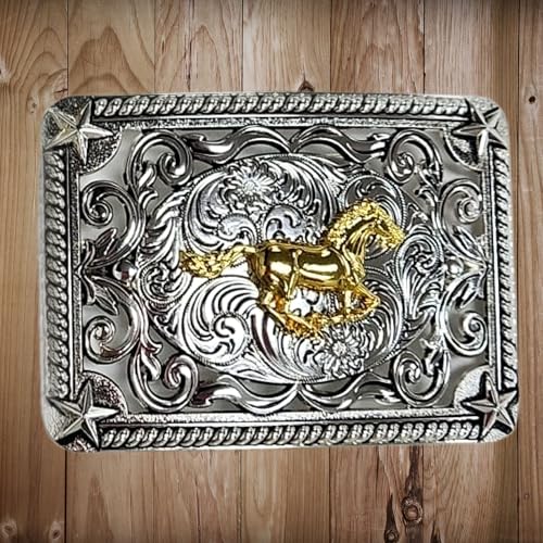 Custom Cowboy Rectangle Silver Belt Buckles For Men Floral Gold Concho