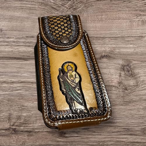 Leather Phone Belt Holster Handmade in Mexico Cowboy Jesus Virgin Mary