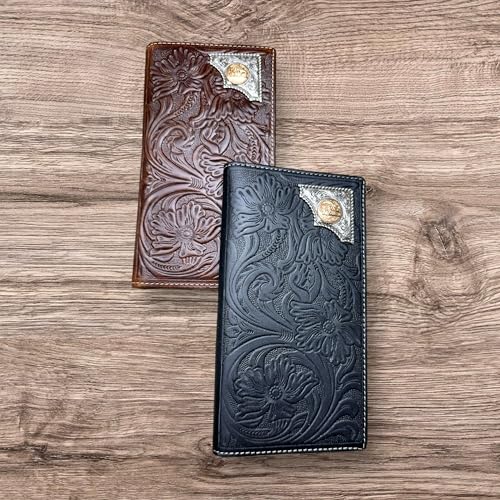 Western Stakes Leather Bi Fold Long Wallet Cowboy Praying at Cross Concho Tooled Floral Embossed