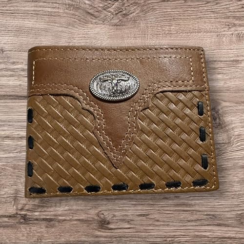 Leather Wallet Basketwave Cowboy Texas Longhorn Concho Bi Fold High End