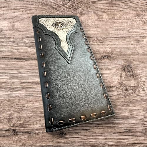 Leather Long Wallet Cowhair Horseshoe Lone Star Cowhide Bi Fold Hand Crafted High End Smooth Leather