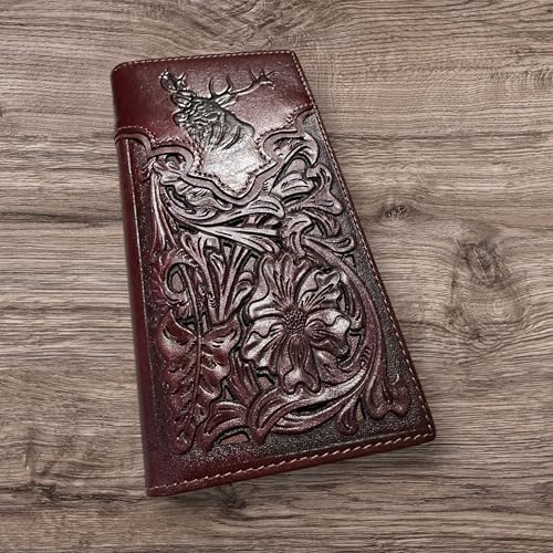 Leather Long Wallet Floral Embossed Deer Buck Bi Fold Hand Crafted Mens Wallets