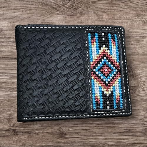 Western Stakes Leather Bi Fold Mens Wallet Tapestry Blue Diamond Arrow Design Hand Crafted Wallets