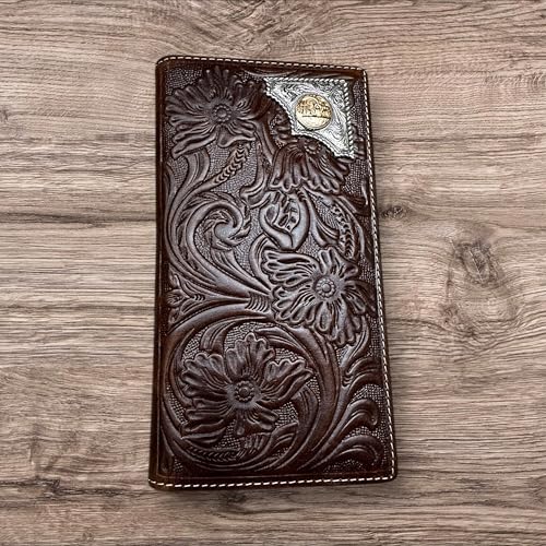 Western Stakes Leather Bi Fold Long Wallet Cowboy Praying at Cross Concho Tooled Floral Embossed