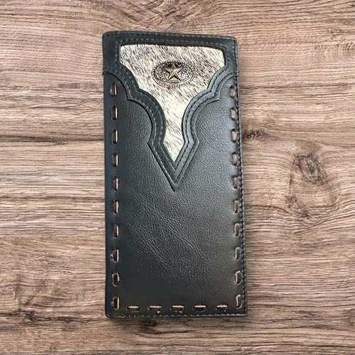 Leather Long Wallet Cowhair Horseshoe Lone Star Cowhide Bi Fold Hand Crafted High End Smooth Leather