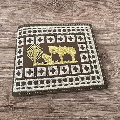 Western Stakes Rodeo Cowboy Bi-Fold Leather Wallet with Gold Cowboy Praying at Cross Design