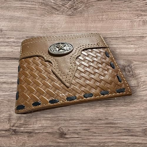 Leather Wallet Basketwave Cowboy Horseshoe Lone Star Concho Bi Fold High End Smooth Leather Mens Wallet