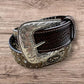 Leather Cowboy Belts For Men Cowboy Praying at Cross Concho Cow Hair