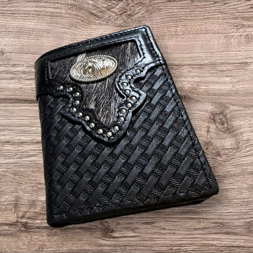 Leather Tri Fold Wallet Concho & Cowhair