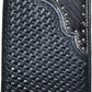 A black leather cowboy wallet featuring intricate woven detailing on the front and decorative stitching along the edges. The top right corner has a silver rodeo concho with an engraved design, adding an elegant touch to the overall look. Introducing the Bull Rider Long Wallet W Cowhair Basketweave by Western Stakes.