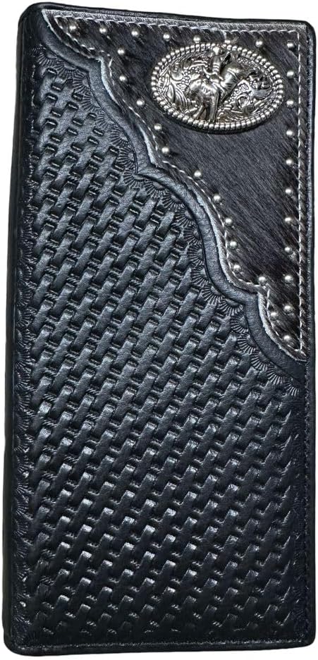 A black leather cowboy wallet featuring intricate woven detailing on the front and decorative stitching along the edges. The top right corner has a silver rodeo concho with an engraved design, adding an elegant touch to the overall look. Introducing the Bull Rider Long Wallet W Cowhair Basketweave by Western Stakes.