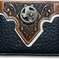 The Western Stakes Mens Leather Wallet Texas Star Concho Black features a two-tone design with black and brown sections. The top brown section is intricately embossed with floral patterns, embellished with a Texas star concho for added Western flair, and white stitching accents the design.