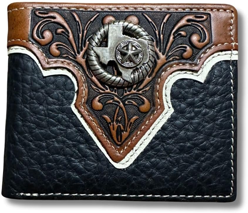 The Western Stakes Mens Leather Wallet Texas Star Concho Black features a two-tone design with black and brown sections. The top brown section is intricately embossed with floral patterns, embellished with a Texas star concho for added Western flair, and white stitching accents the design.