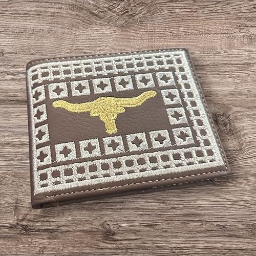 Western Stakes Rodeo Wallet – Bi-Fold Leather with Gold Longhorn and Silver Stitching