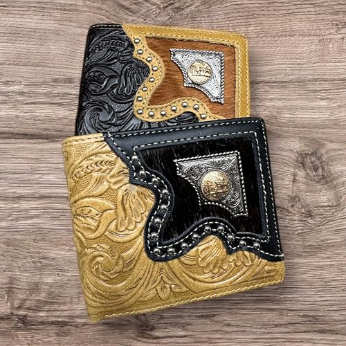 Western Stakes Leather Bi Fold Wallet Cowboy Praying at Cross Concho