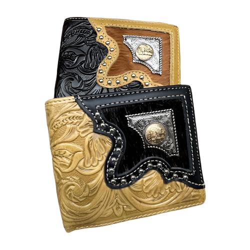 Western Stakes Leather Bi Fold Wallet Cowboy Praying at Cross Concho