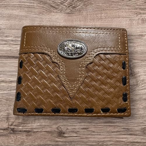 Leather Wallet Basketwave Cowboy Praying at Cross Concho Cowhide Bi Fold Mens Wallets