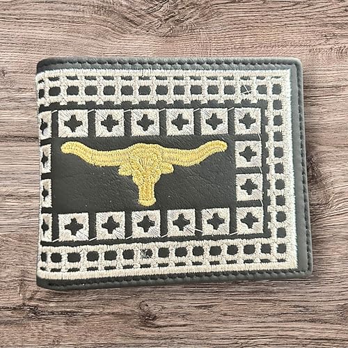 Western Stakes Rodeo Wallet – Bi-Fold Leather with Gold Longhorn and Silver Stitching
