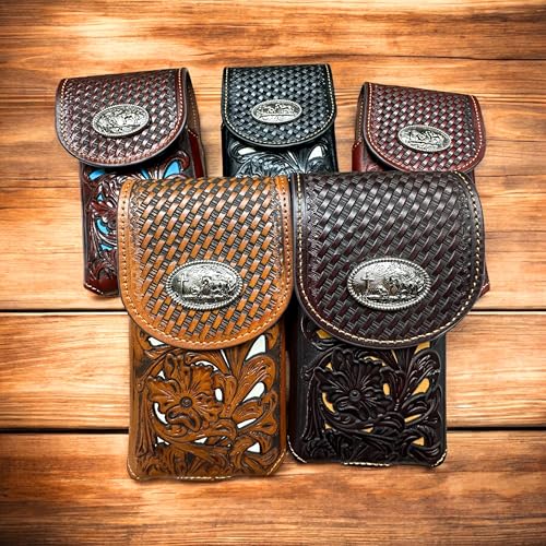 Western Stakes Western Leather Phone Belt Holster Cell Phone Case Pouch Floral Cowboy Tooled Concho Basketweave Universal