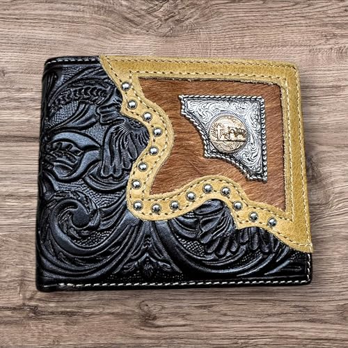 Western Stakes Leather Bi Fold Wallet Cowboy Praying at Cross Concho