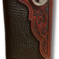 The Western Stakes Horse Horseshoe Long Wallet Coffee Red Tint is a black leather long wallet with detailed red leather overlays featuring intricate floral patterns and a rugged horseshoe concho on the top right corner. The spacious checkbook style wallet is accented with white stitching around the edges.