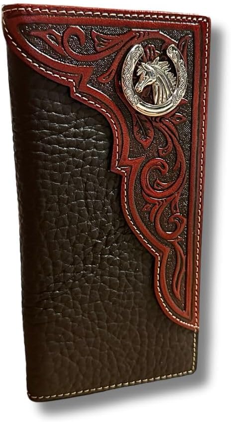 The Western Stakes Horse Horseshoe Long Wallet Coffee Red Tint is a black leather long wallet with detailed red leather overlays featuring intricate floral patterns and a rugged horseshoe concho on the top right corner. The spacious checkbook style wallet is accented with white stitching around the edges.