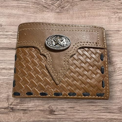 Leather Wallet Basketwave Cowboy Horseshoe Lone Star Concho Bi Fold High End Smooth Leather Mens Wallet