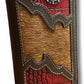 This high-end brown leather wallet, styled like a checkbook, features unique red crocodile-pattern accents and a horseshoe emblem. The center section boasts textured, fur-like material, all stitched with white thread.

Western Stakes Horseshoe Long Wallet Coffee Red Trim W Cowhair