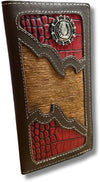 This high-end brown leather wallet, styled like a checkbook, features unique red crocodile-pattern accents and a horseshoe emblem. The center section boasts textured, fur-like material, all stitched with white thread.

Western Stakes Horseshoe Long Wallet Coffee Red Trim W Cowhair