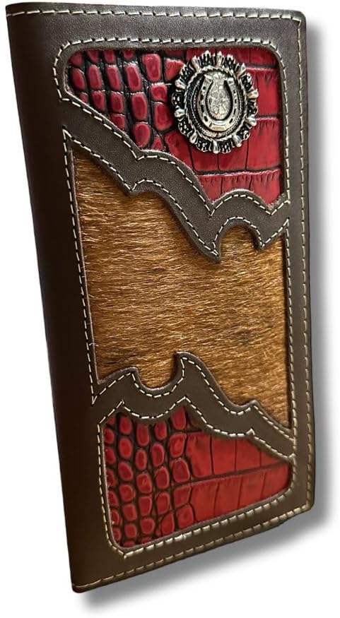 This high-end brown leather wallet, styled like a checkbook, features unique red crocodile-pattern accents and a horseshoe emblem. The center section boasts textured, fur-like material, all stitched with white thread.

Western Stakes Horseshoe Long Wallet Coffee Red Trim W Cowhair