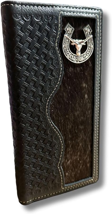 A Longhorn Long Wallet Black With Cowhair Basketweave by Western Stakes with a cowhair basketweave design along the left side and smooth leather on the right, featuring a silver decorative emblem with a stag head and intricate detailing on the upper right corner.