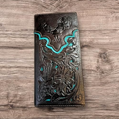 Leather Long Wallet Floral Embossed Rooster Gallo Bi Fold High End Mens Wallet