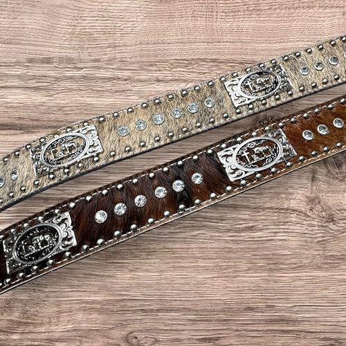 Leather Cowboy Belts For Men Cowboy Praying at Cross Concho Cow Hair