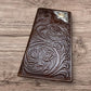 Western Stakes Leather Bi Fold Long Wallet Cowboy Praying at Cross Concho Tooled Floral Embossed