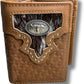 Mens Brown Tri Fold Leather Wallet Longhorn Concho by Western Stakes featuring intricate woven patterns, a silver-tone longhorn concho with a bull head design, and a front panel with cow hair leather texture. This wallet combines rustic and western aesthetics with practical function.