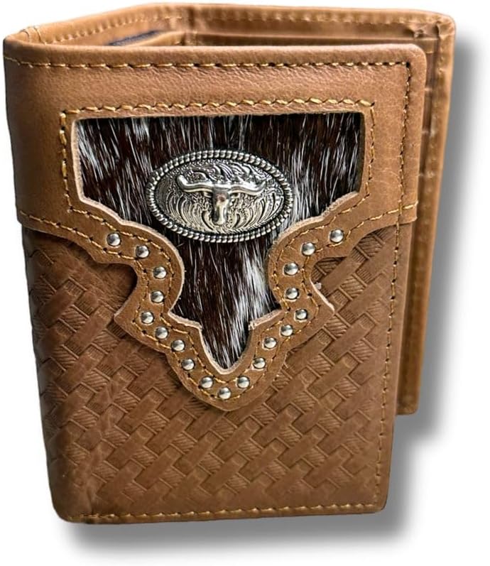 Mens Brown Tri Fold Leather Wallet Longhorn Concho by Western Stakes featuring intricate woven patterns, a silver-tone longhorn concho with a bull head design, and a front panel with cow hair leather texture. This wallet combines rustic and western aesthetics with practical function.