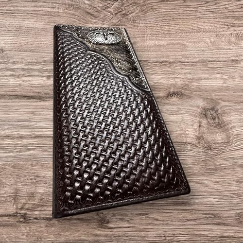 Leather Long Wallet Basketweave Longhorn Concho Cowhair Inlay