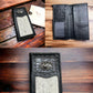 A collage featuring three images of a Rodeo Long Wallet Black With Cowhair & Bull Rider Concho by Western Stakes. The images display different perspectives: the front with the emblem, the open interior showing card slots and compartments, and a close-up of this fashionable cowboy wallet.