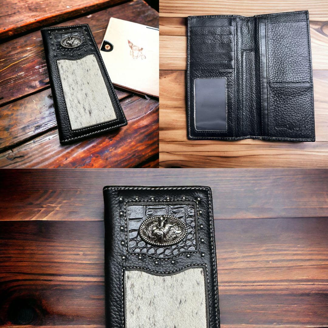 A collage featuring three images of a Rodeo Long Wallet Black With Cowhair & Bull Rider Concho by Western Stakes. The images display different perspectives: the front with the emblem, the open interior showing card slots and compartments, and a close-up of this fashionable cowboy wallet.