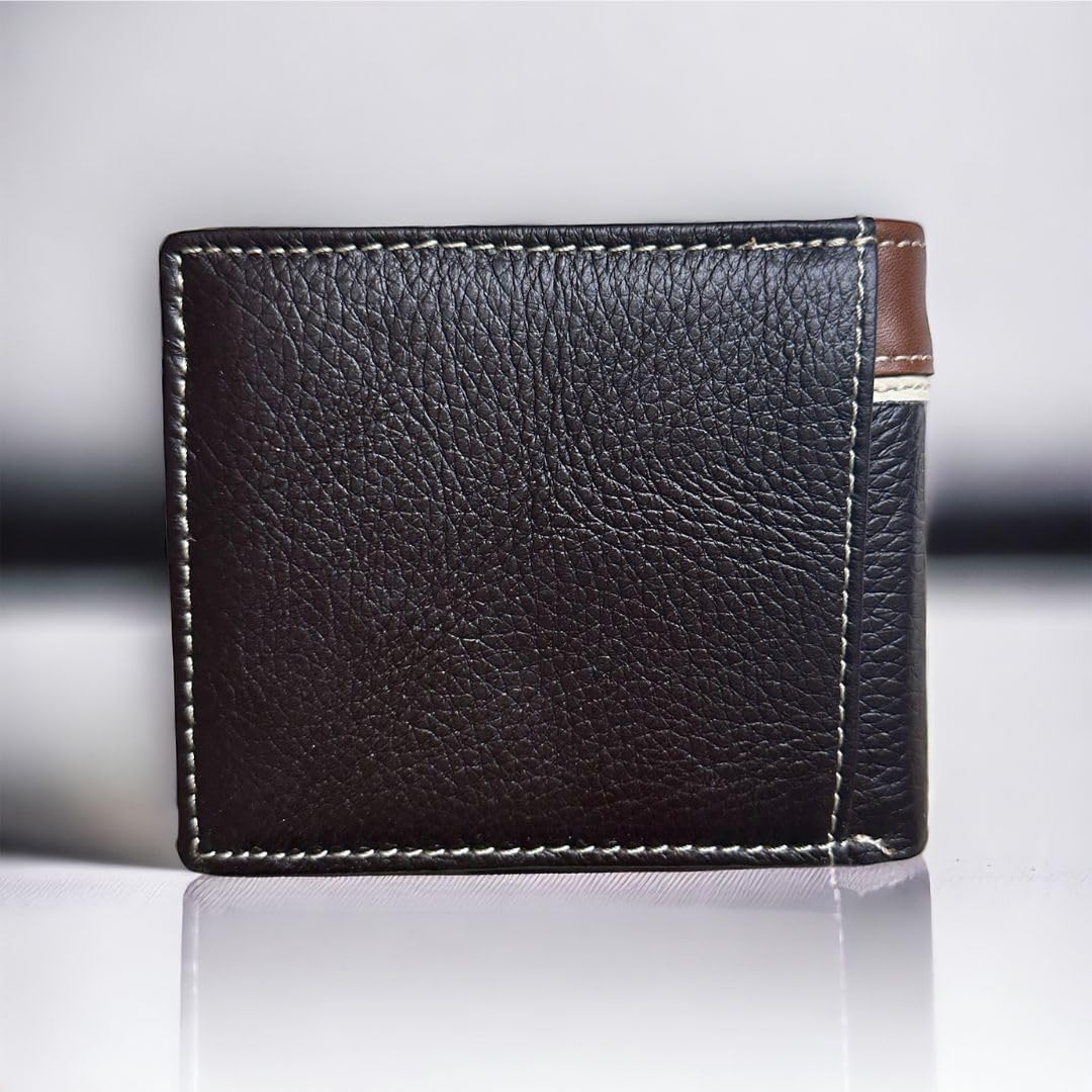 A dark brown Mens Leather Wallet Horseshoe Longhorn Coffee Bi Fold from Western Stakes, featuring a classic bi-fold design with white stitching along the edges, is shown against a reflective white surface and neutral background. The wallet also has a small tan accent on the top right corner, adding to its refined look.