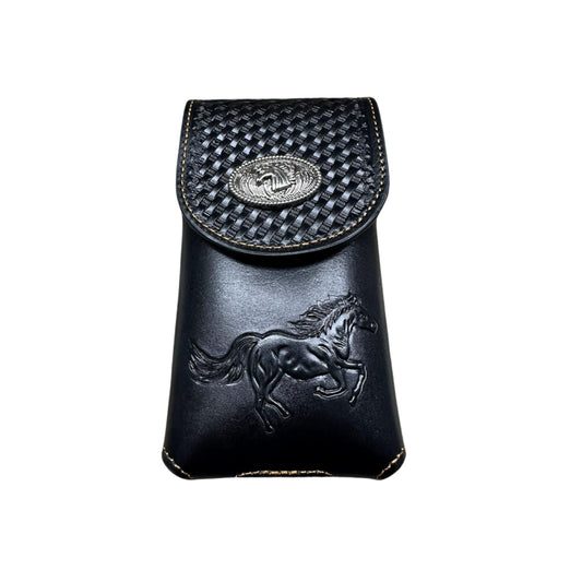 Western Stakes Western Leather Phone Belt Holster Cell Phone Case Pouch Embossed Stallion Tooled Horse Concho Basketweave Universal