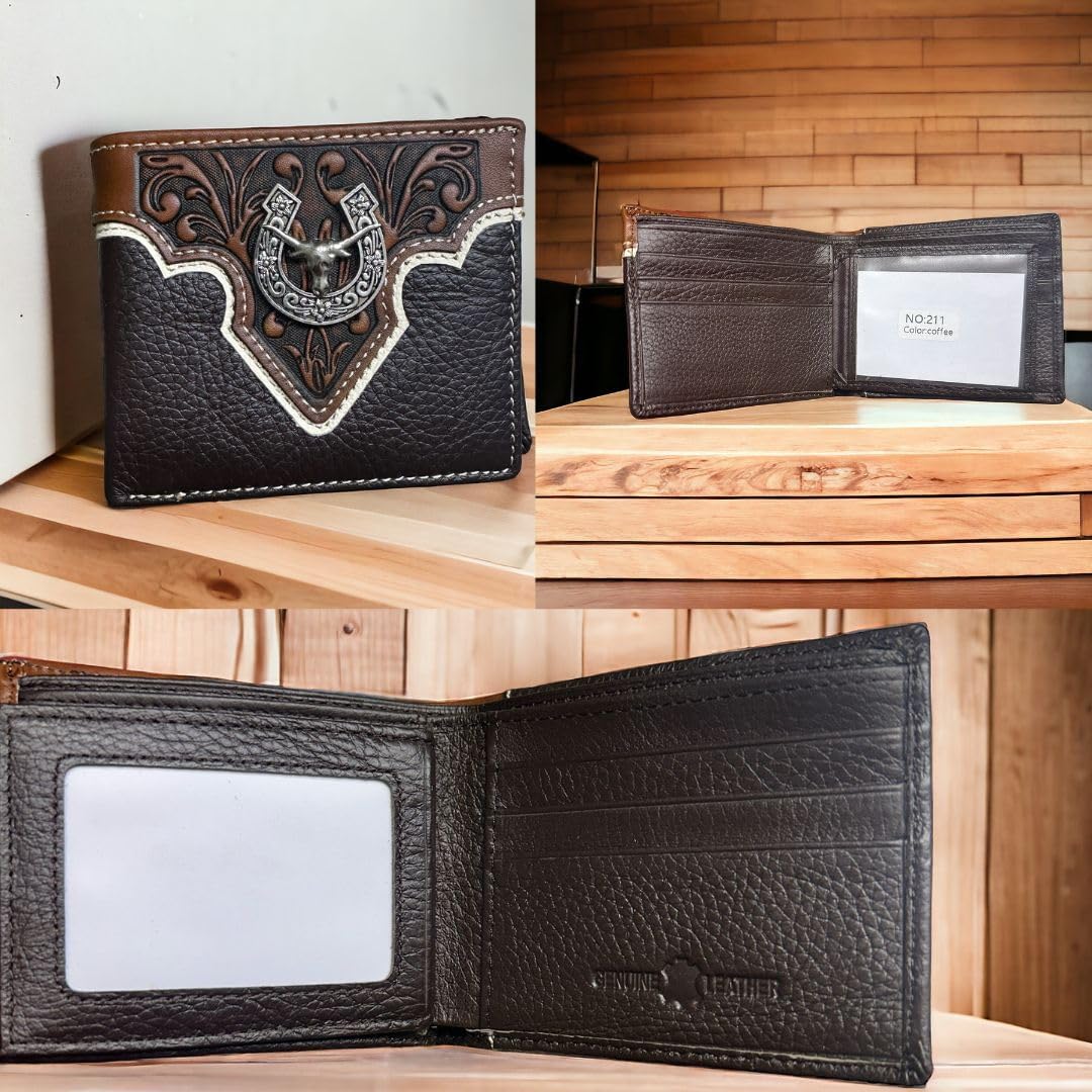 A trifold Mens Leather Wallet with detailed stitching and embossed patterns featuring a horseshoe and a cowboy riding a horse on the outside. The inside has several card slots, an ID display window, and the text "Genuine Leather" embossed. Western Stakes Mens Leather Wallet Horseshoe Longhorn Coffee Bi Fold ID No. 211 displayed.