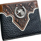 A black and brown bifold Mens Leather Wallet Horse & Horseshoe Soft Black Leather Bi Fold by Western Stakes features an intricate design with a silver horse head emblem at the center. The top portion showcases detailed leather embossing with a floral pattern, embodying the essence of a western cowboy wallet. White stitching accents the edges of the wallet.