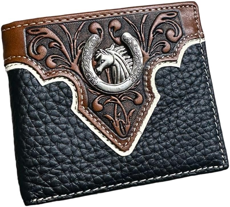 A black and brown bifold Mens Leather Wallet Horse & Horseshoe Soft Black Leather Bi Fold by Western Stakes features an intricate design with a silver horse head emblem at the center. The top portion showcases detailed leather embossing with a floral pattern, embodying the essence of a western cowboy wallet. White stitching accents the edges of the wallet.