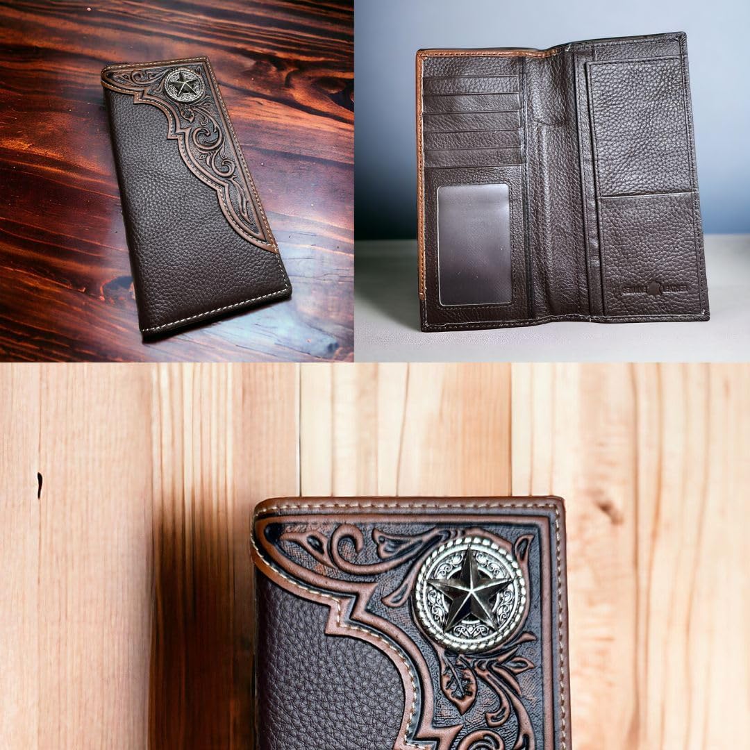 A collage of three images showcasing a Western Stakes Floral Long Wallet Coffee Star Concho with a western theme. The wallet displays intricate leather tooling with a star concho and is shown closed on a wooden surface, opened to reveal card slots, and a close-up of the detailed tooling. Perfect as a gift for him.