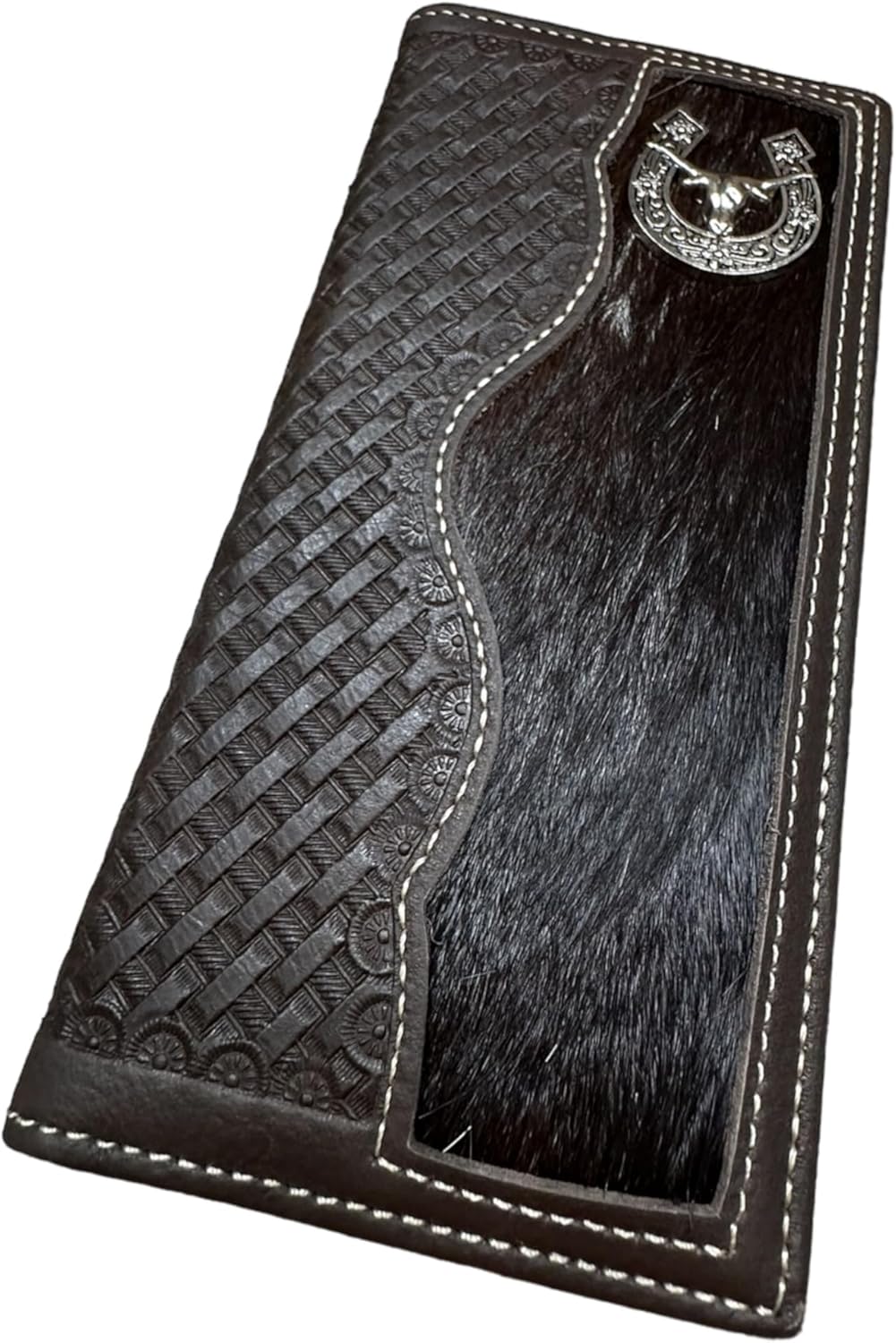 Longhorn Long Wallet Black With Cowhair Basketweave